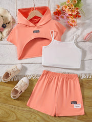 Girl's 3pcs Hooded T shirt & Camisole & Shorts Set CALIFORNIA Patched