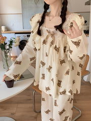 Teddy Bear Print Pajama Set Long Sleeve Square Neck Top & Lounge Pants
