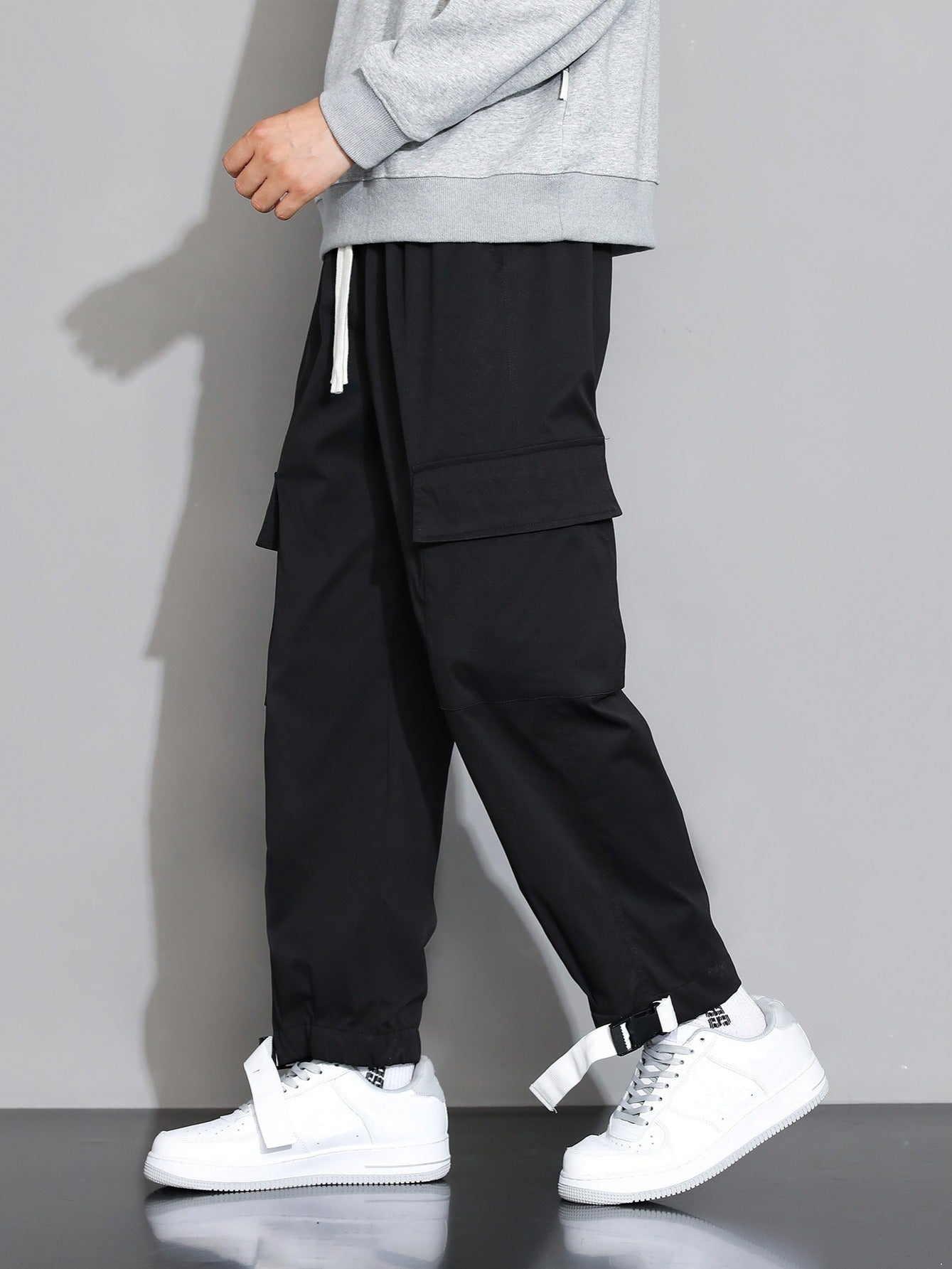 Autumn Winter Grey Cargo Pants With Ankle Straps