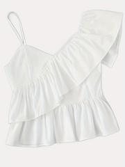 Asymmetrical Spaghetti Strap Top with Ruffle Trim - Summer Women's Clothing