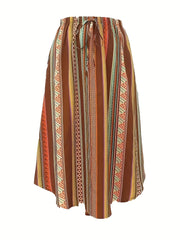 Boho Maxi Skirt Women's Tribal Striped Elastic Waist Pleated