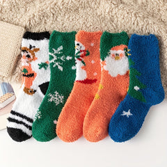 5 Pairs Cartoon Fuzzy Socks Warm Christmas Mid Tube Stockings