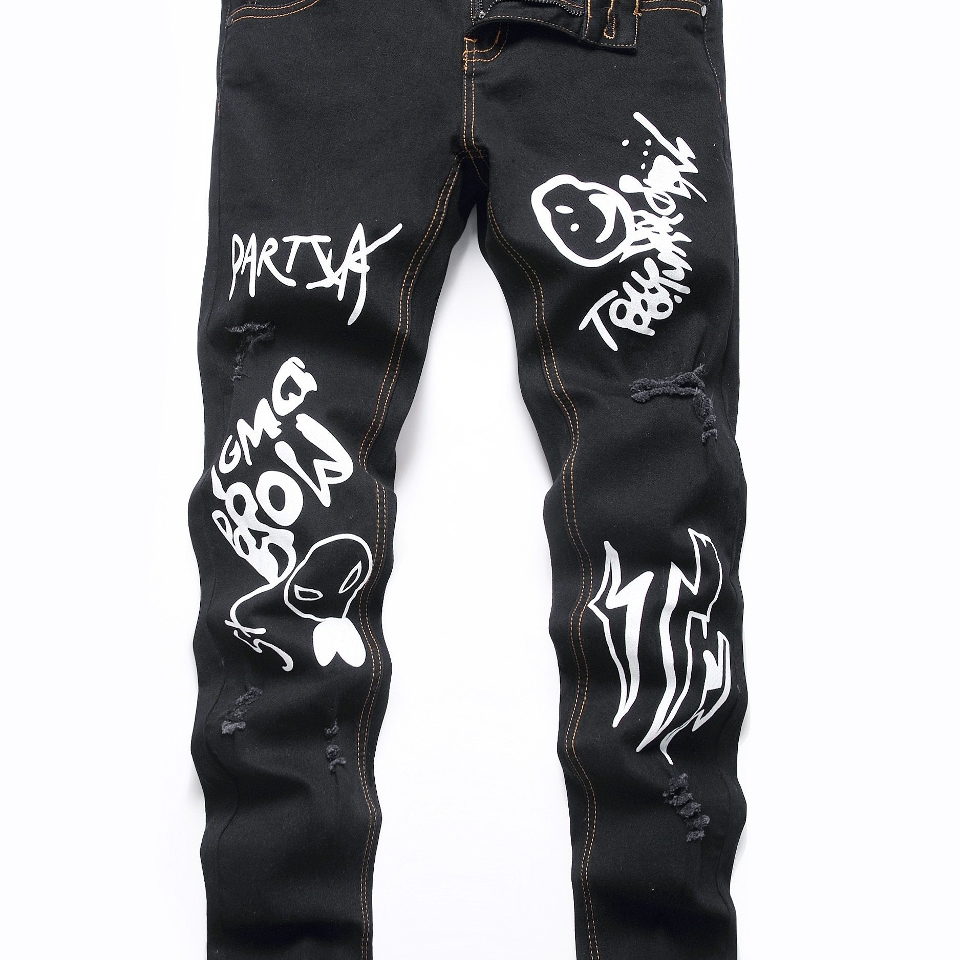 Boys Graffiti Letter Print Jeans Skinny Slim Fit Washed Denim Long Pants