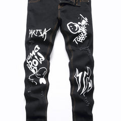 Boys Graffiti Letter Print Jeans Skinny Slim Fit Washed Denim Long Pants
