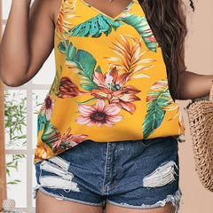 Vacay Cami Top Women's Plus Tropical Print Split Strap V Neck