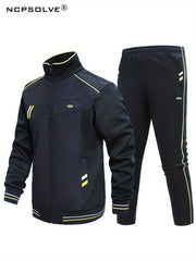 Men's Sports Suit with Striped Stand Collar Jacket & Active Pants