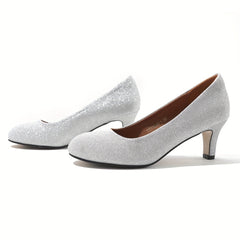 Women's Glitter Silver Slip On Kitten Heel Shoes