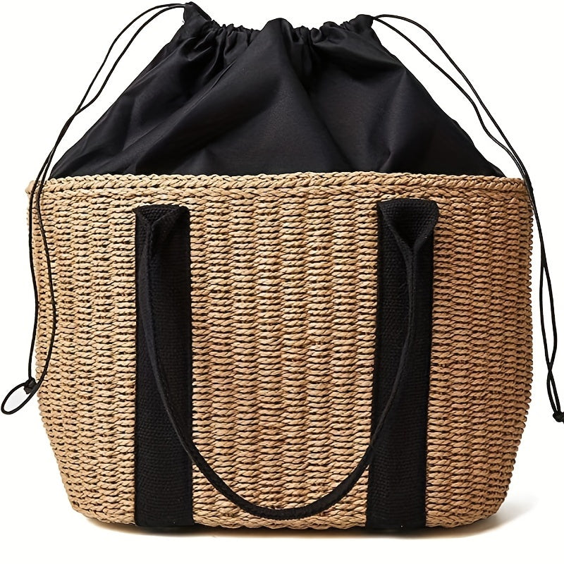 Straw Woven Summer Beach Tote Large Capacity Shoulder Bag Women's Rattan Handbag