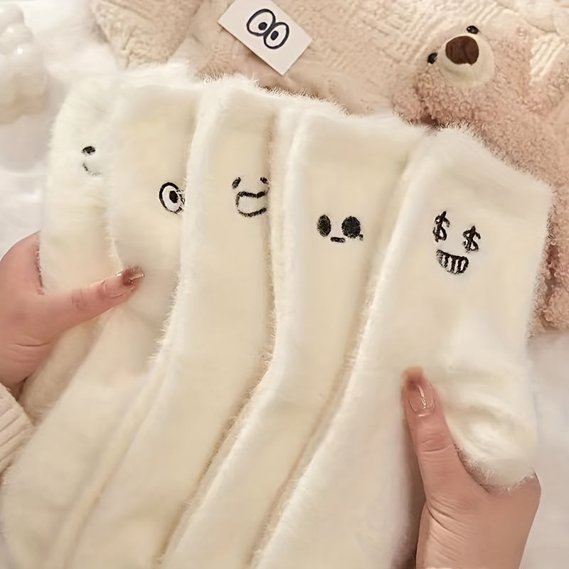Cartoon Embroidered Plush Mid calf Socks, Warm Winter Socks