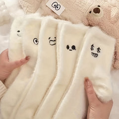 Cartoon Embroidered Plush Mid calf Socks, Warm Winter Socks