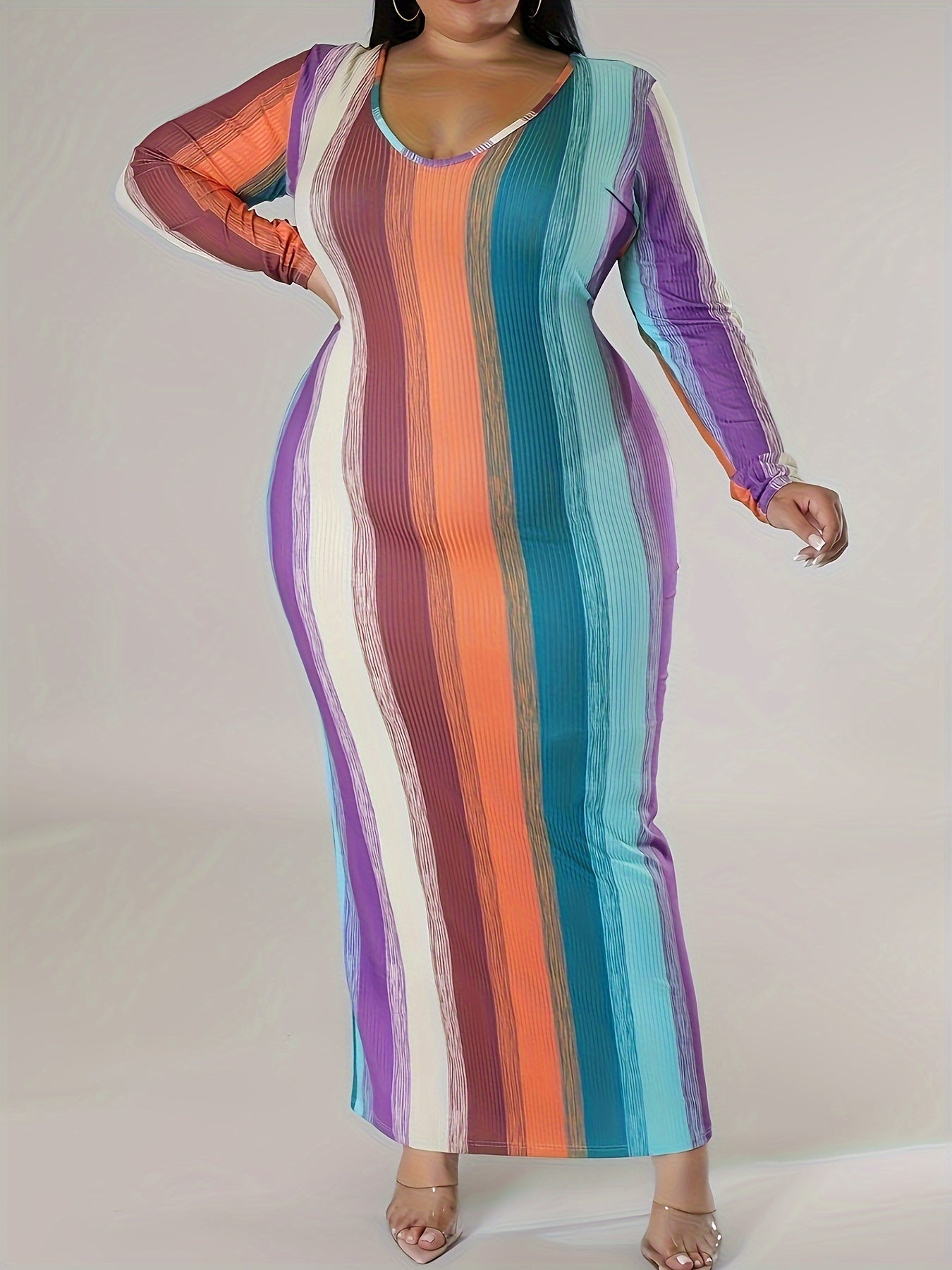 Colorblock Long Sleeve Maxi Bodycon Dress