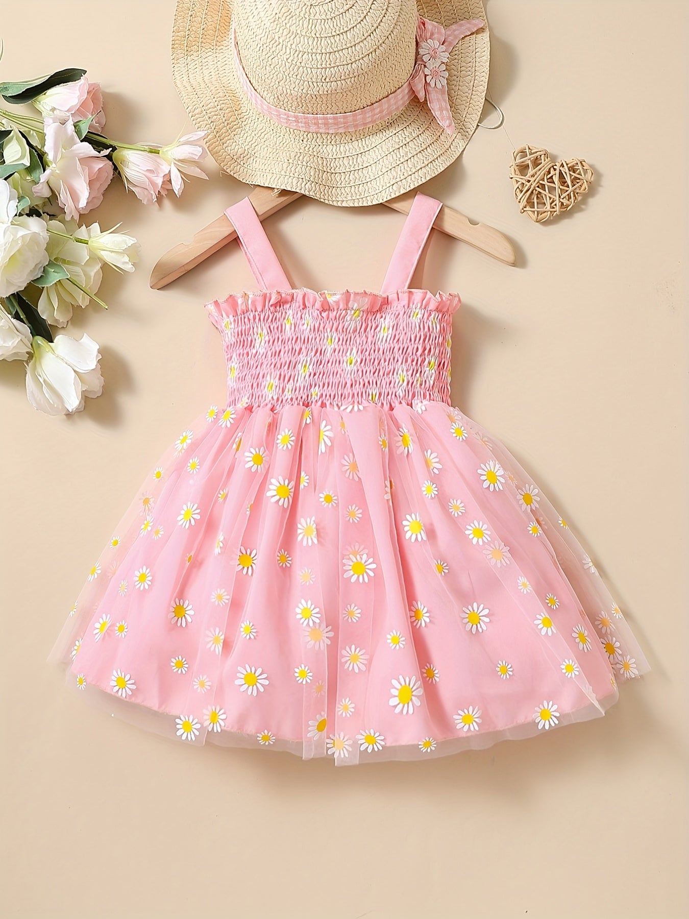 Baby Girls Daisy Graphic Print Thin Strap Mesh Dress Clothes For Summer