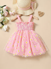 Baby Girls Daisy Graphic Print Thin Strap Mesh Dress Clothes For Summer