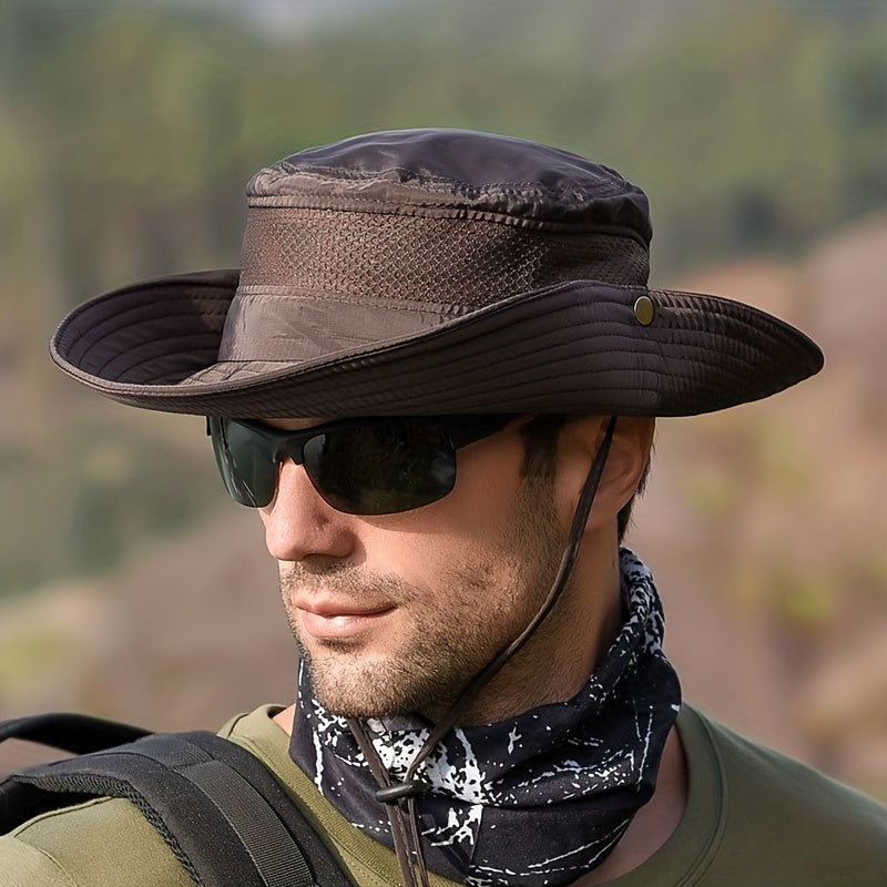 Mesh Top Bucket Hat Chin Strap Outdoor Summer Hiking Trekking Mountaineering