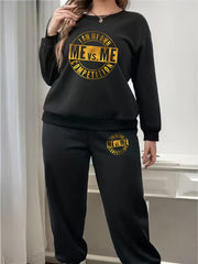 Women's Plus Slogan Print Fleece Sweatshirt & Jogger Set