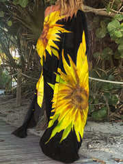 Sunflower Pattern Swimsuit Cover Up V Neck Beachwear