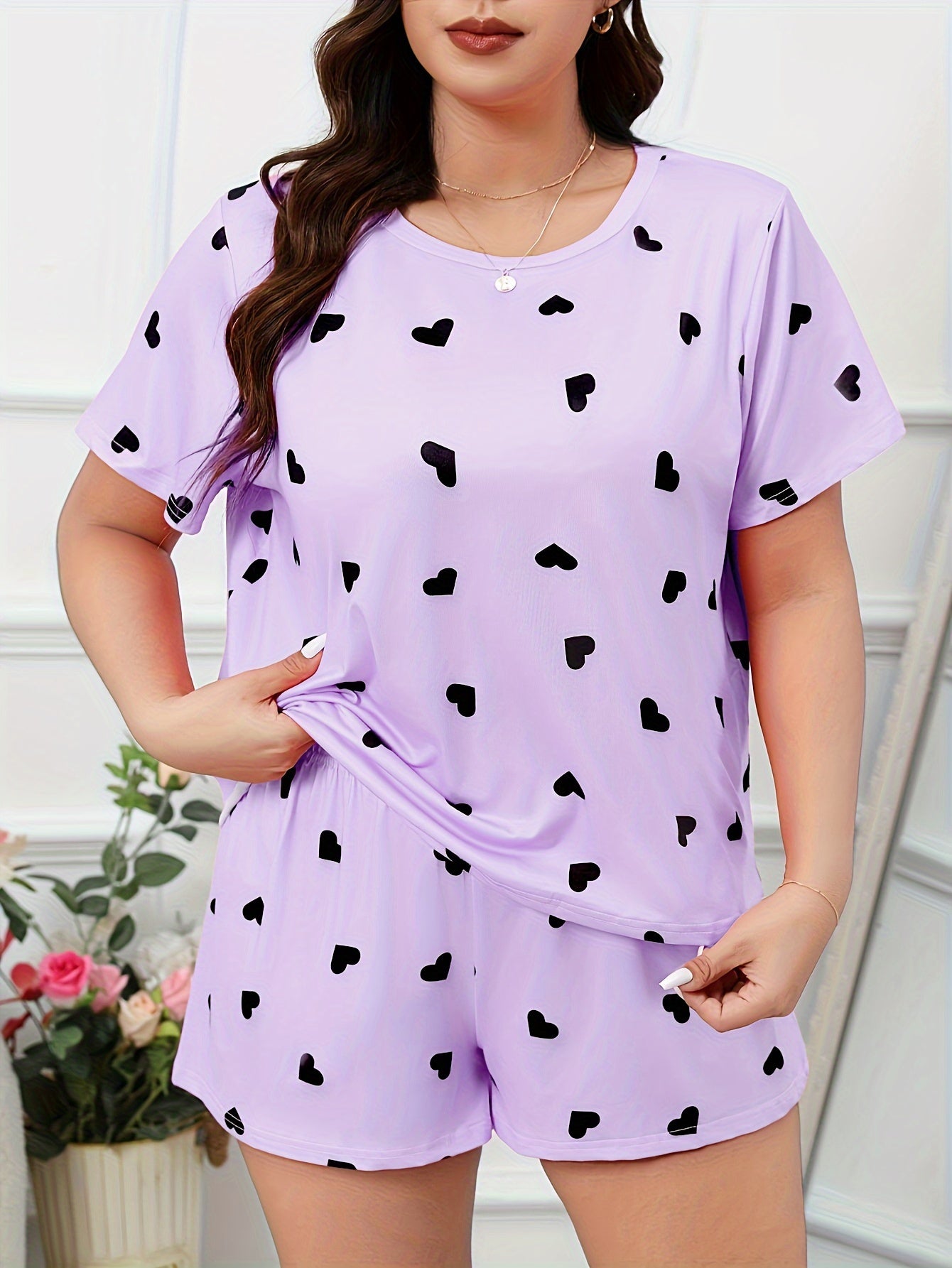 Heart Print Tee & Shorts Pajamas Set