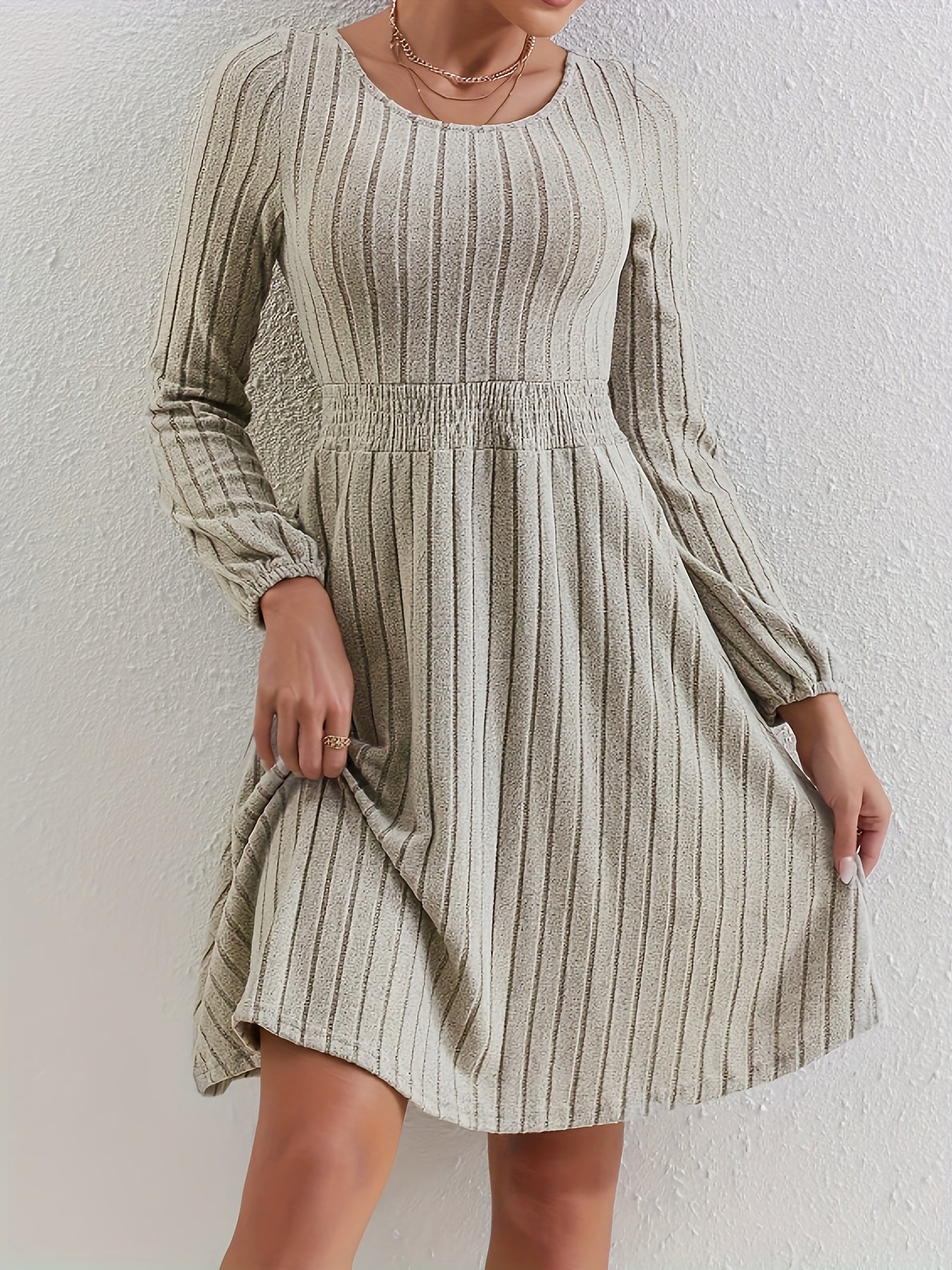 Solid Crew Neck Shirred Waist Dress Casual Every Long Sleeve Dress