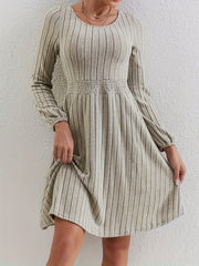 Solid Crew Neck Shirred Waist Dress Casual Every Long Sleeve Dress