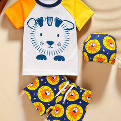2pcs Boy's Lion Pattern Swimsuit Set Stretchy Bathing Suit