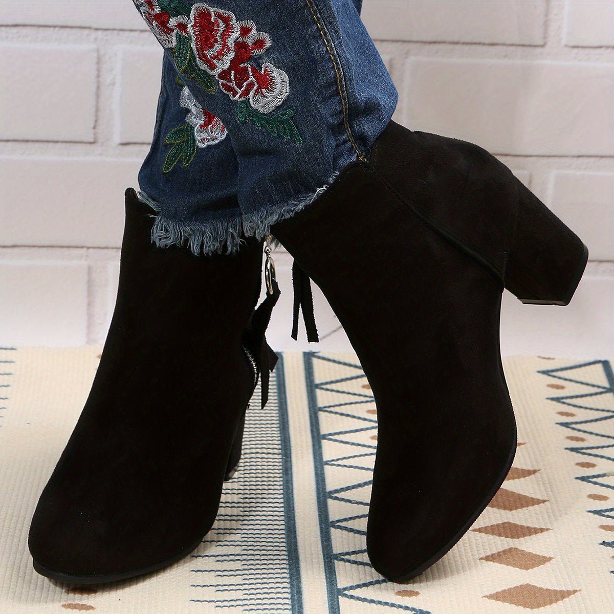 Chunky Heel Ankle Boots Solid Side Zipper High Heels Stylish Short Boots