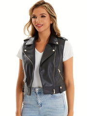 Casual Sleeveless Leather Zipper Vest Women's Clothing