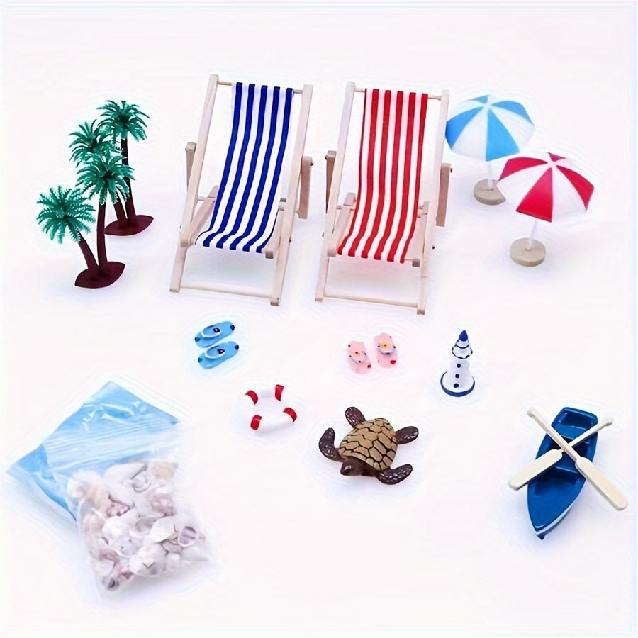 Summer Beach Dollhouse Set with Wooden Chairs, Plastic Seashells, and Umbrellas