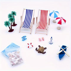Summer Beach Dollhouse Set with Wooden Chairs, Plastic Seashells, and Umbrellas