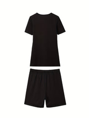 Character Print Casual Two Piece Set T shirt & Slim Shorts Women's Clothing
