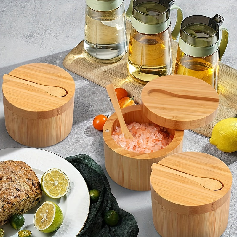 Bamboo Salt Jar with Spoon and Rotating Lid for Seasoning Storage