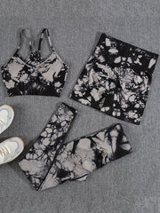 3pcs Tie Dye Cami Sports Bra & High Waist Shorts And Leggings Set