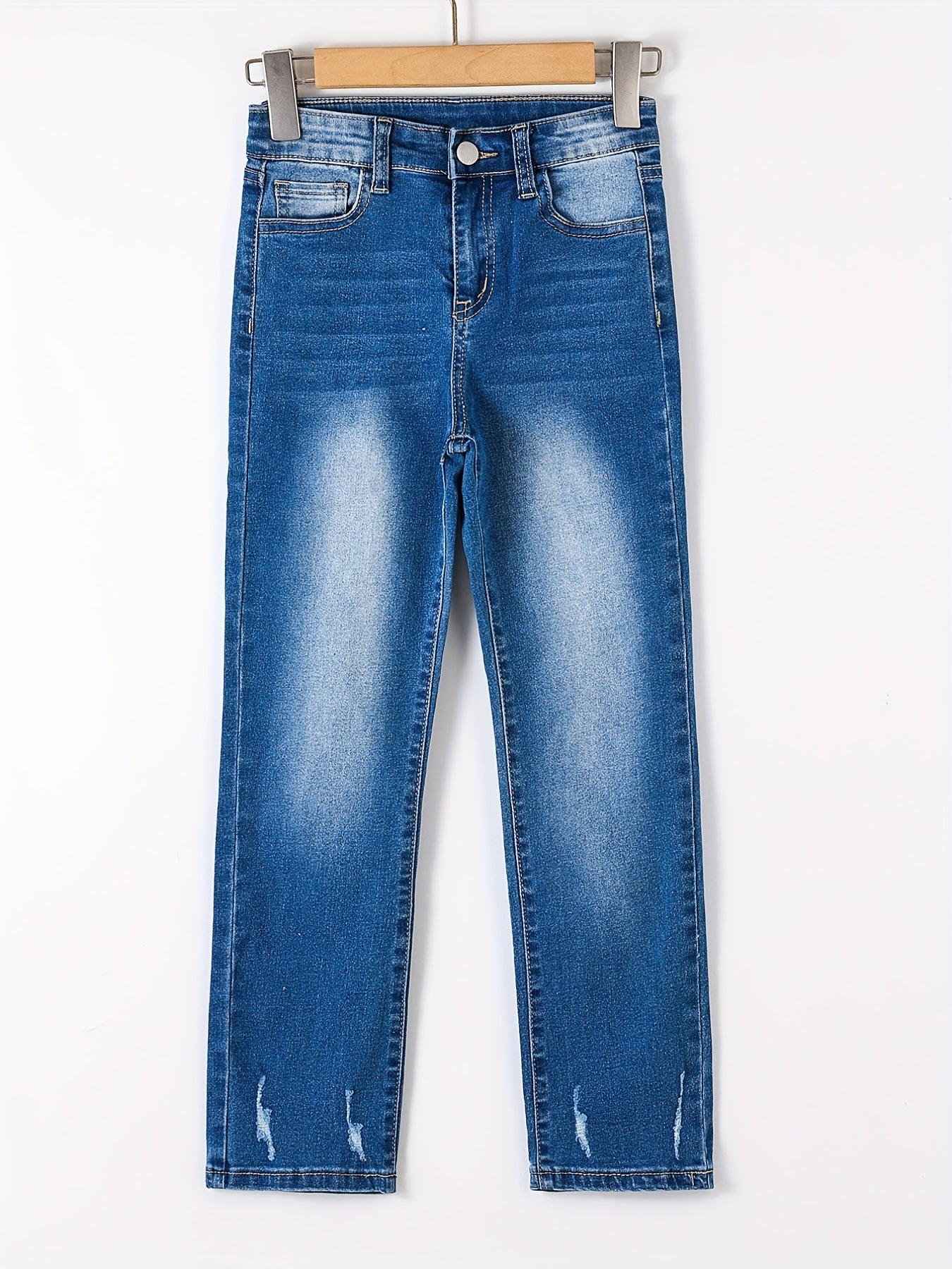 Girls' Stretch Straight Leg Jeans Slightly Frayed Denim Trousers