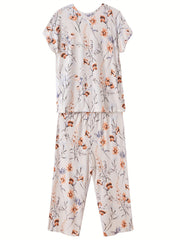 Floral Print Short Sleeve Pajama Set for Women