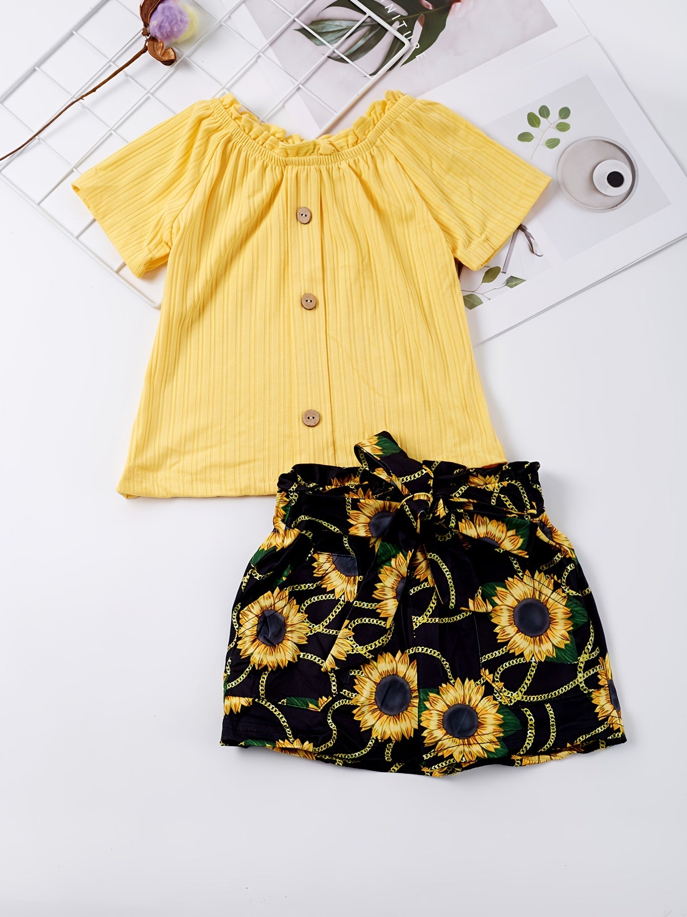 Girls Frill Trim Button Top & Sunflower Shorts Set