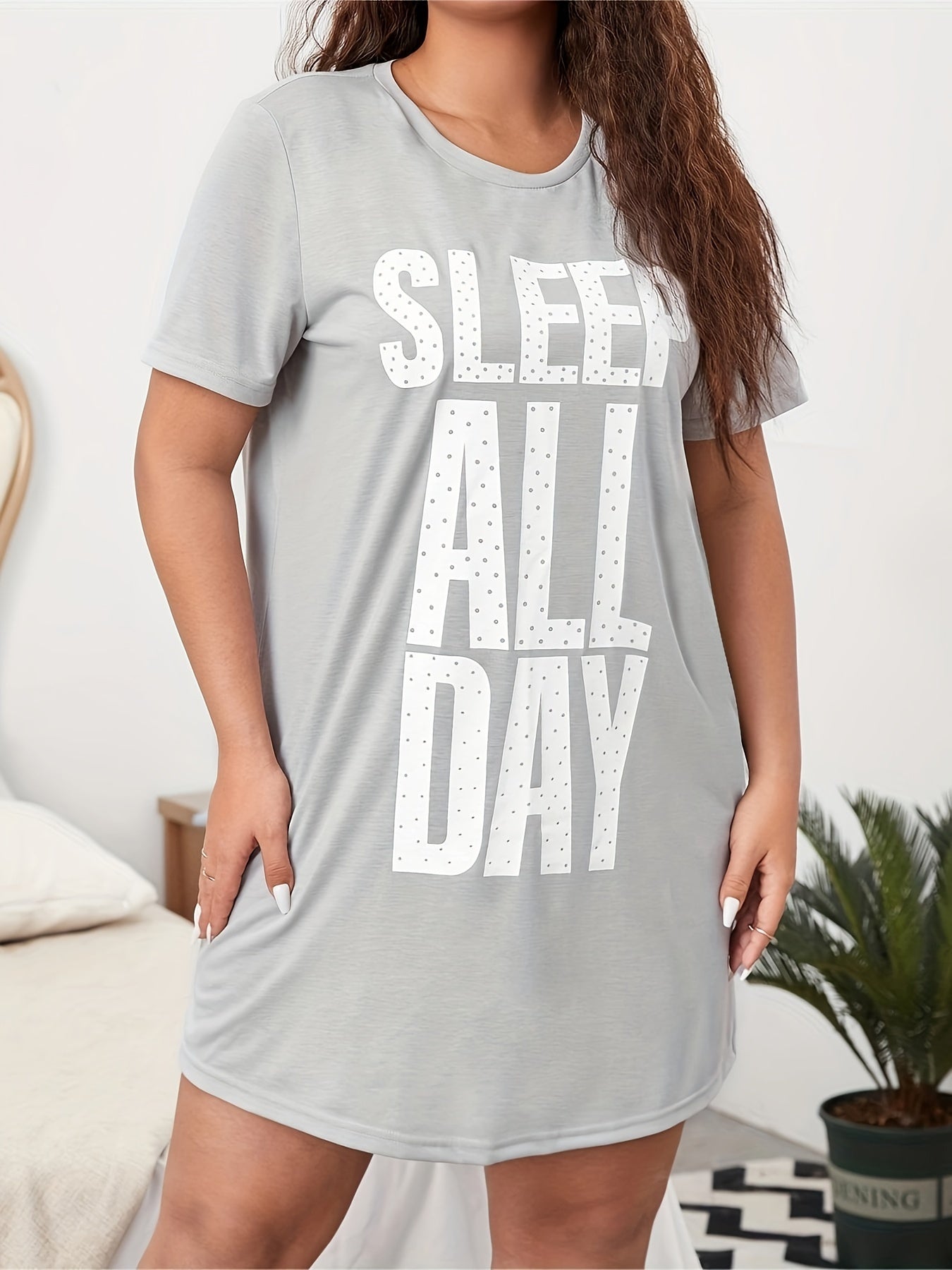 Lounge Dress Women's Plus Polka Dot Letter Print Short Sleeve