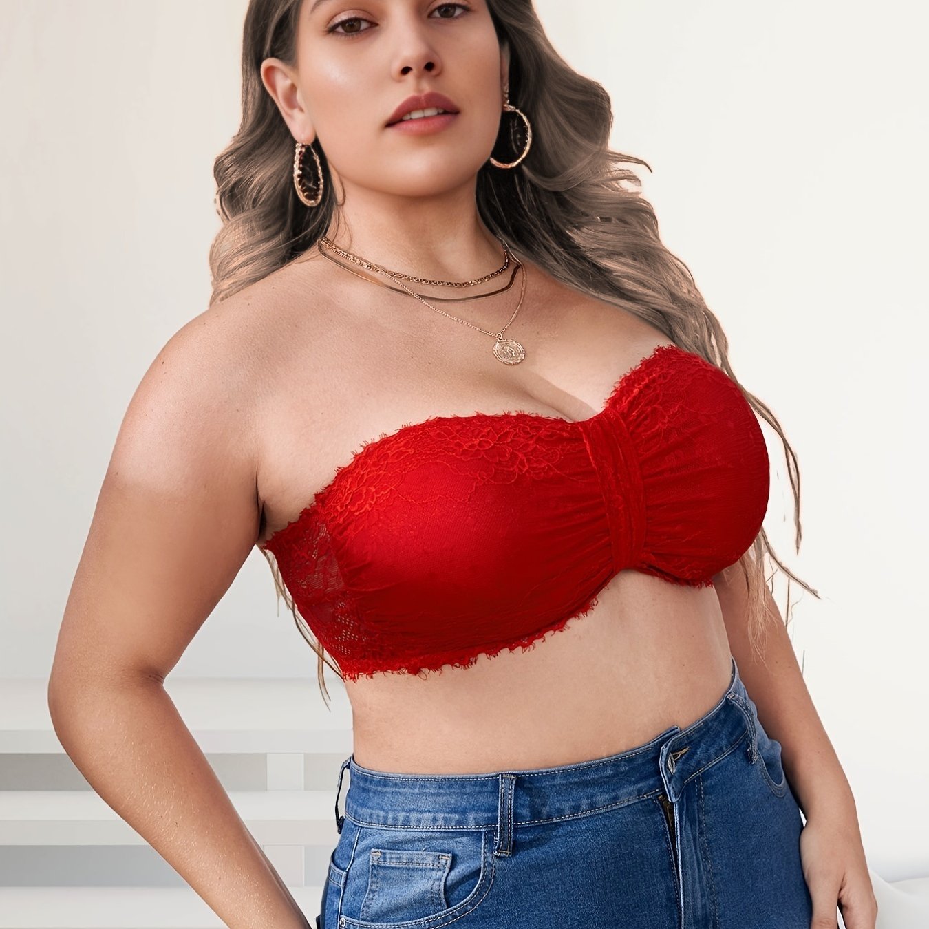 Contrast Lace Ruched Front Plus Size Tube Bra