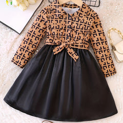 Girls' Geo Print Stitching Dress for Autumn Spring