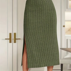 Ribbed Knit Side Split Skirt Casual Solid Every Skirt Women's Clothing