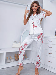 Floral Print Satin Pajama Set Short Sleeve Button Up Top & Pant