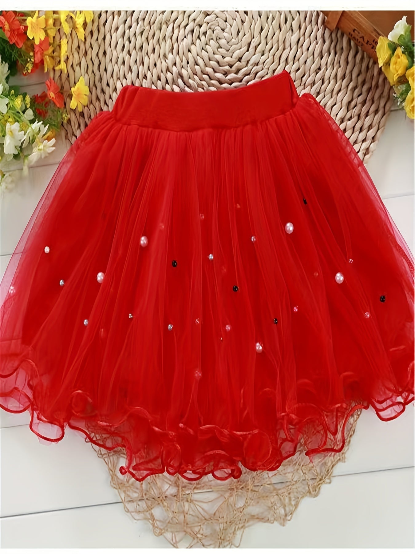 Princess Tutu Skirt with Pearls and Flower Fringes for Party