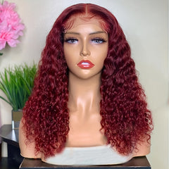 Burgundy Short Curly Bob Human Hair Wigs 180 Density Lace Frontal Wigs