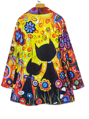 Cat & Floral Print Open Front Cardigan