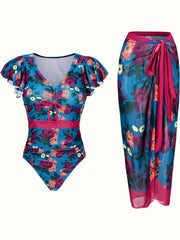 Women's Plus Floral Lace Tankini Set with Ruched Swimsuit & Cover Up