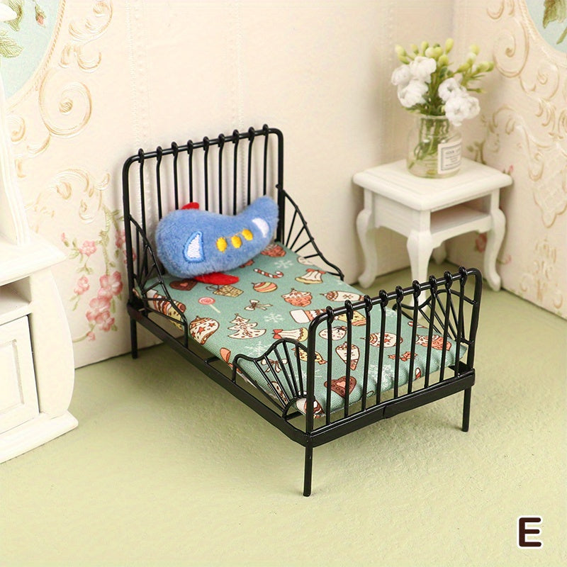 1:12 Dollhouse Mini Iron Bed Cradle with Cushion Mattress Bedroom Decor
