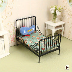 1:12 Dollhouse Mini Iron Bed Cradle with Cushion Mattress Bedroom Decor