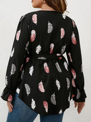 Feather Print Flounce Sleeve Surplice Neck Tunic Shirt Top