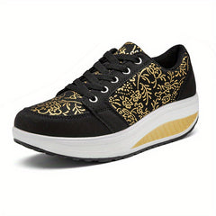 Floral Pattern Wedge Sneakers Lace Up Thick Sole Walking Shoes
