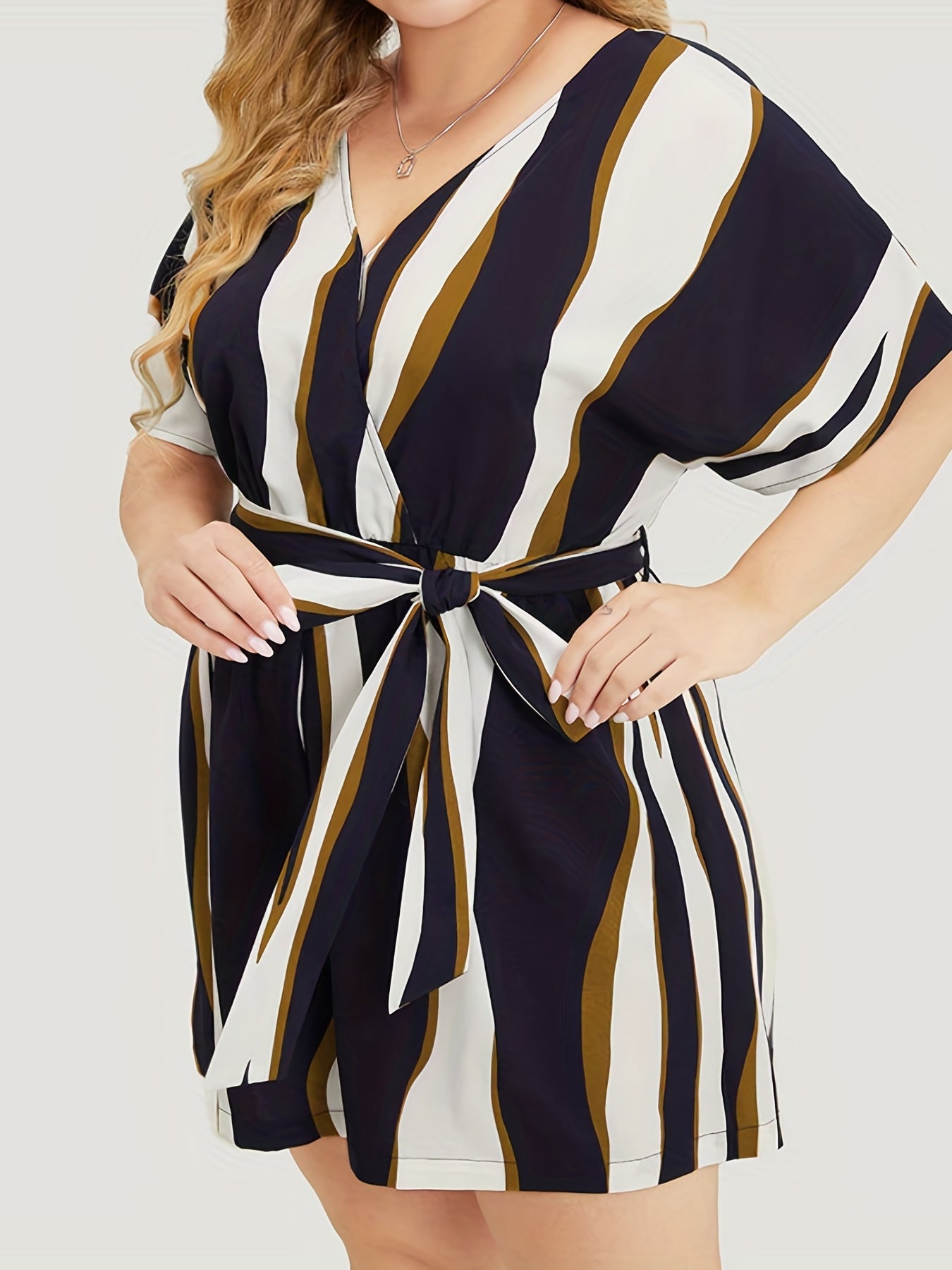 Stripe Print Batwing Sleeve Loose Fit Romper With Belt