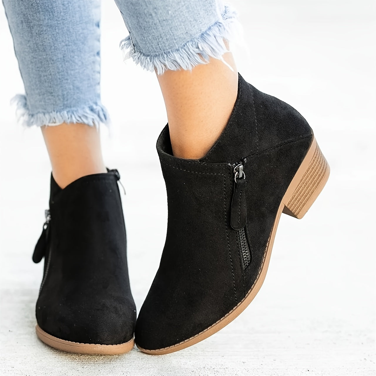 Women's Stacked Heel Ankle Boots Round Toe Side Zipper Casual Short Boots