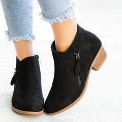 Women's Stacked Heel Ankle Boots Round Toe Side Zipper Casual Short Boots